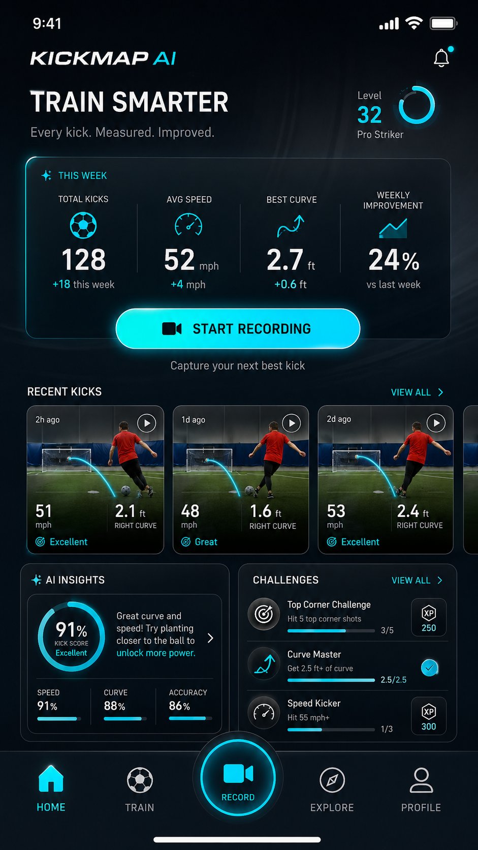 KickMap AI Train Smarter dashboard concept interface