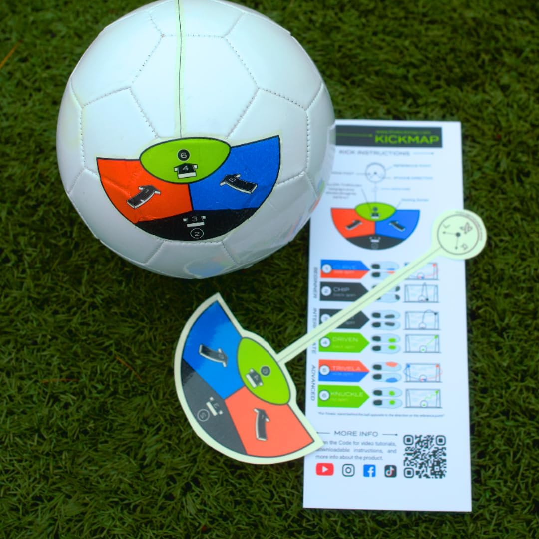 KickMap Trainer visual contact guide fitted to a soccer ball beside its instructional reference.